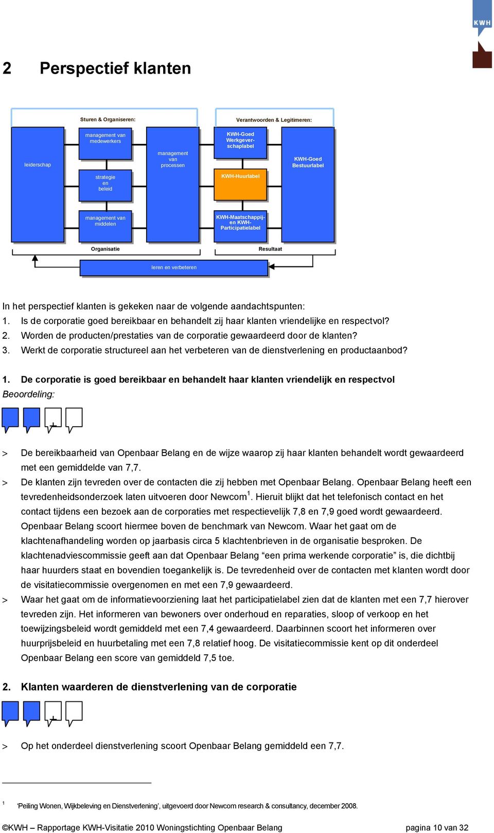 aandachtspunten: 1. Is de corporatie goed bereikbaar en behandelt zij haar klanten vriendelijke en respectvol? 2. Worden de producten/prestaties van de corporatie gewaardeerd door de klanten? 3.