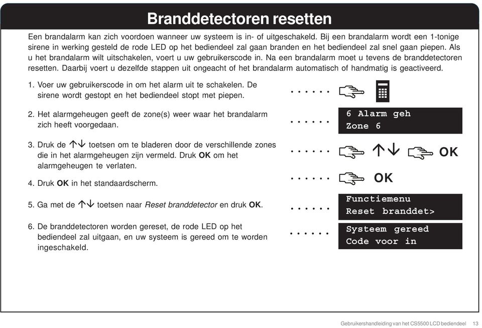 Als u het brandalarm wilt uitschakelen, voert u uw gebruikerscode in. Na een brandalarm moet u tevens de branddetectoren resetten.