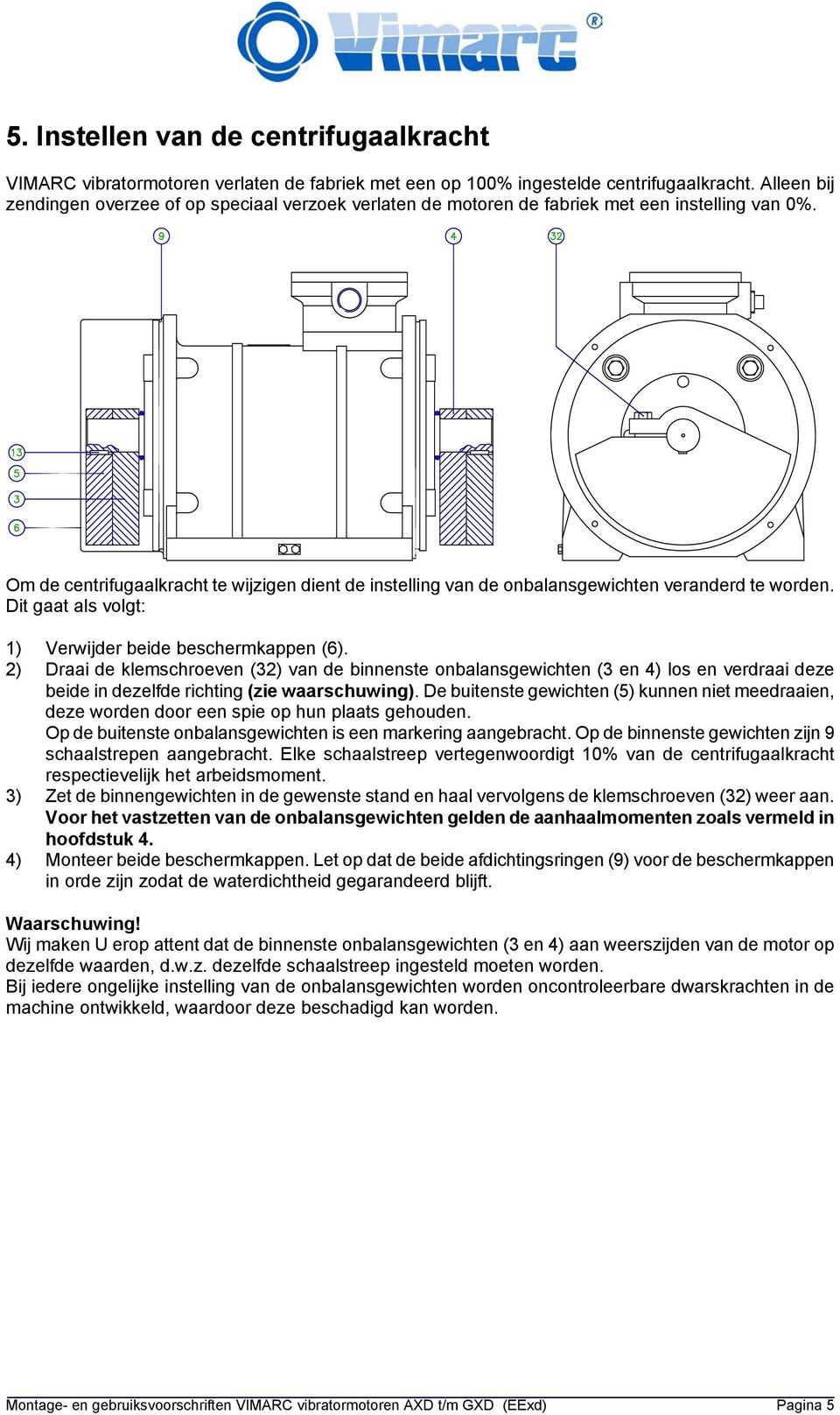 Om de centrifugaalkracht te wijzigen dient de instelling van de onbalansgewichten veranderd te worden. Dit gaat als volgt: 1) Verwijder beide beschermkappen (6).