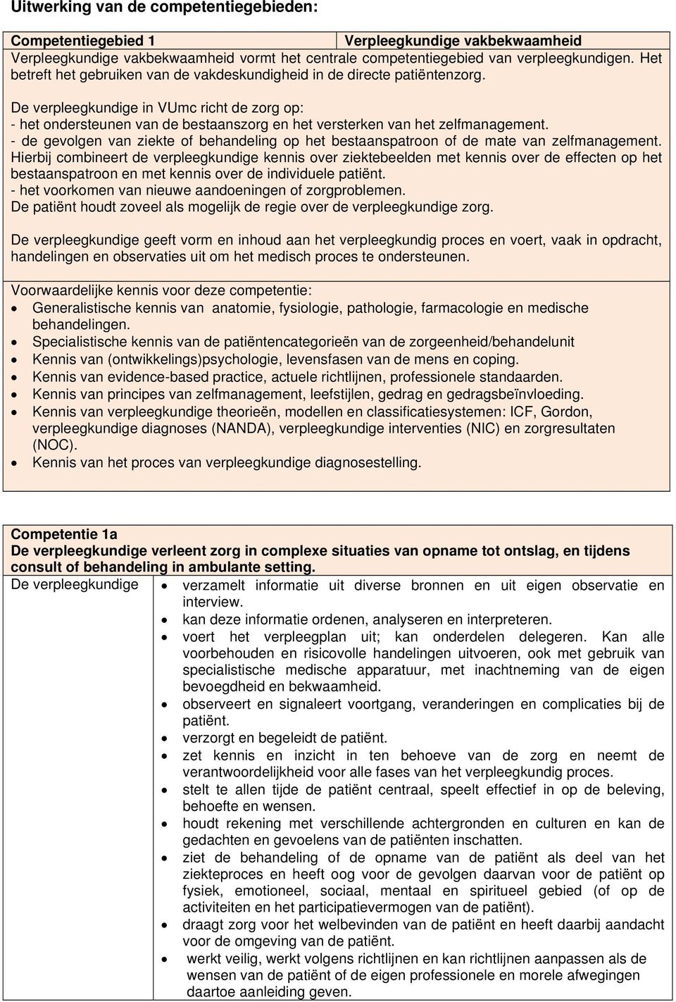 De verpleegkundige in VUmc richt de zorg op: - het ondersteunen van de bestaanszorg en het versterken van het zelfmanagement.