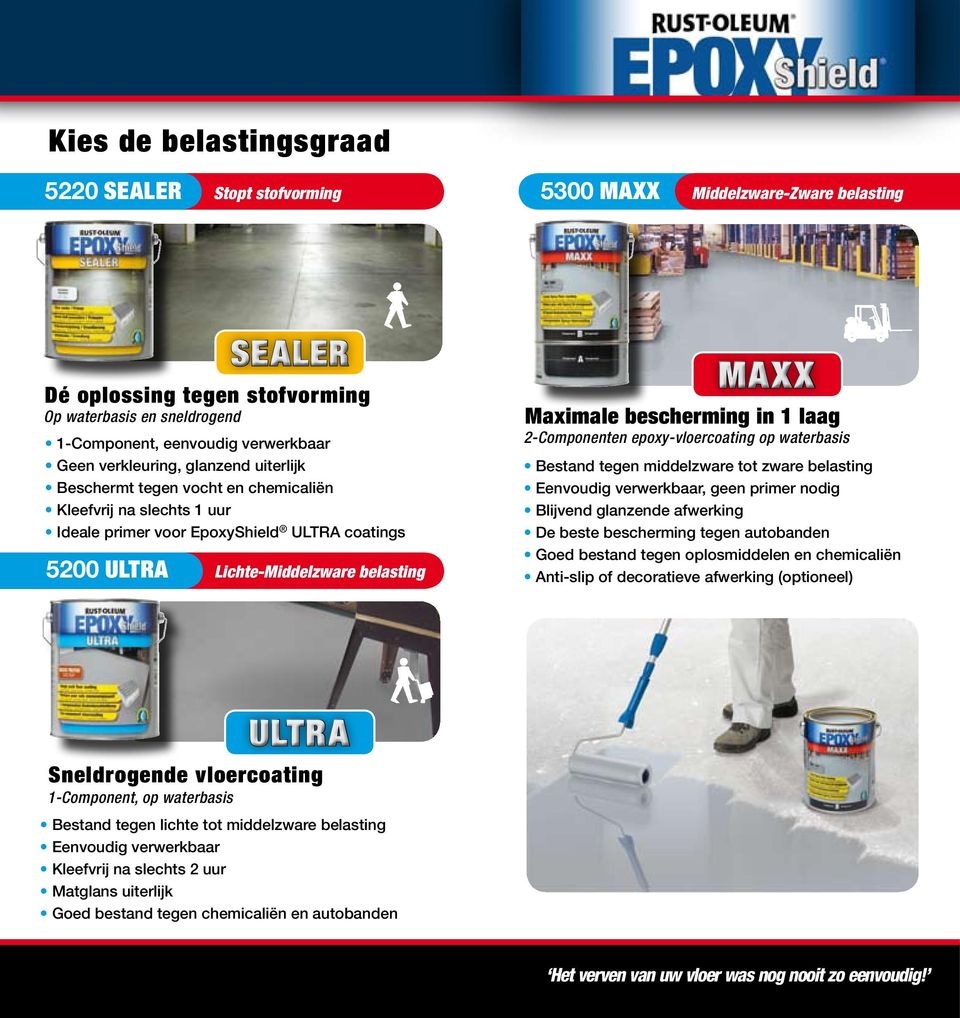 2-Componenten epoxy-vloercoating op waterbasis Bestand tegen middelzware tot zware Eenvoudig verwerkbaar, geen primer nodig Blijvend glanzende afwerking De beste bescherming tegen autobanden Goed