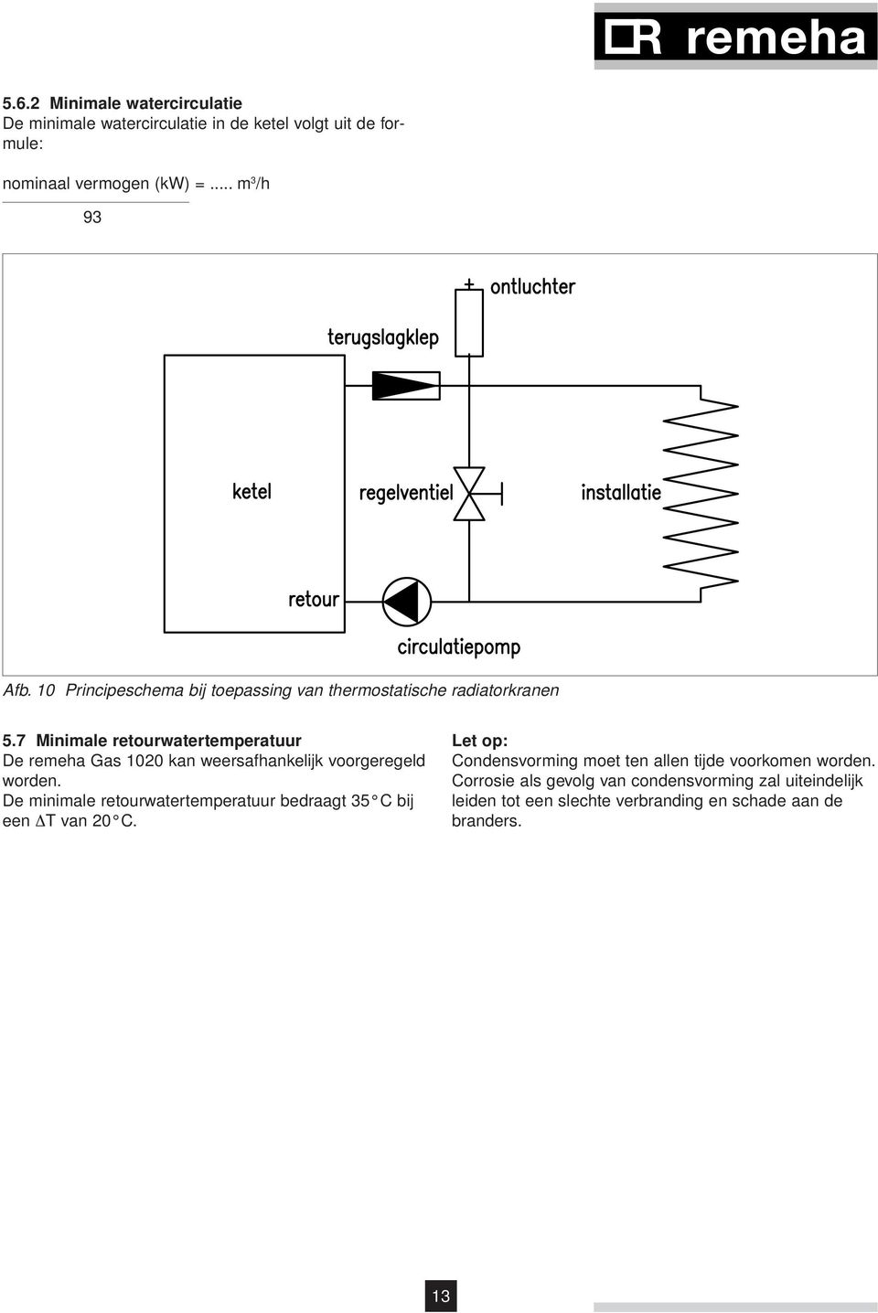 7 Minimale retourwatertemperatuur De remeha Gas 1020 kan weersafhankelijk voorgeregeld worden.