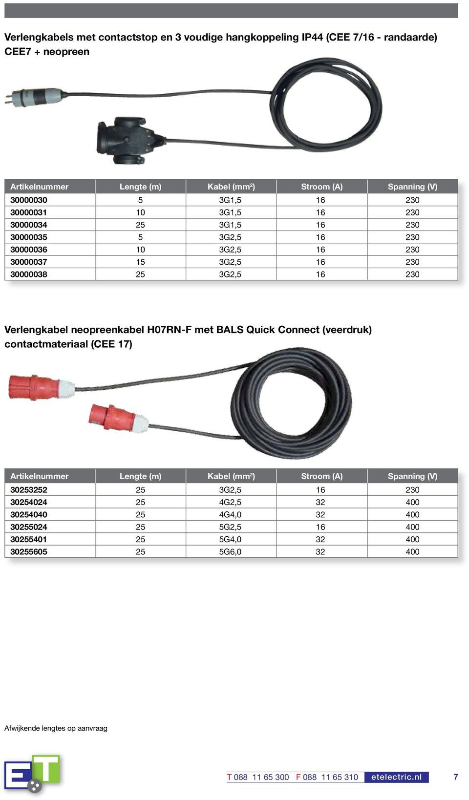 neopreenkabel H07RN-F met BALS Quick Connect (veerdruk) contactmateriaal (CEE 17) Artikelnummer Lengte (m) Kabel (mm 2 ) Stroom (A) Spanning (V) 30253252 25 3G2,5 16 230 30254024
