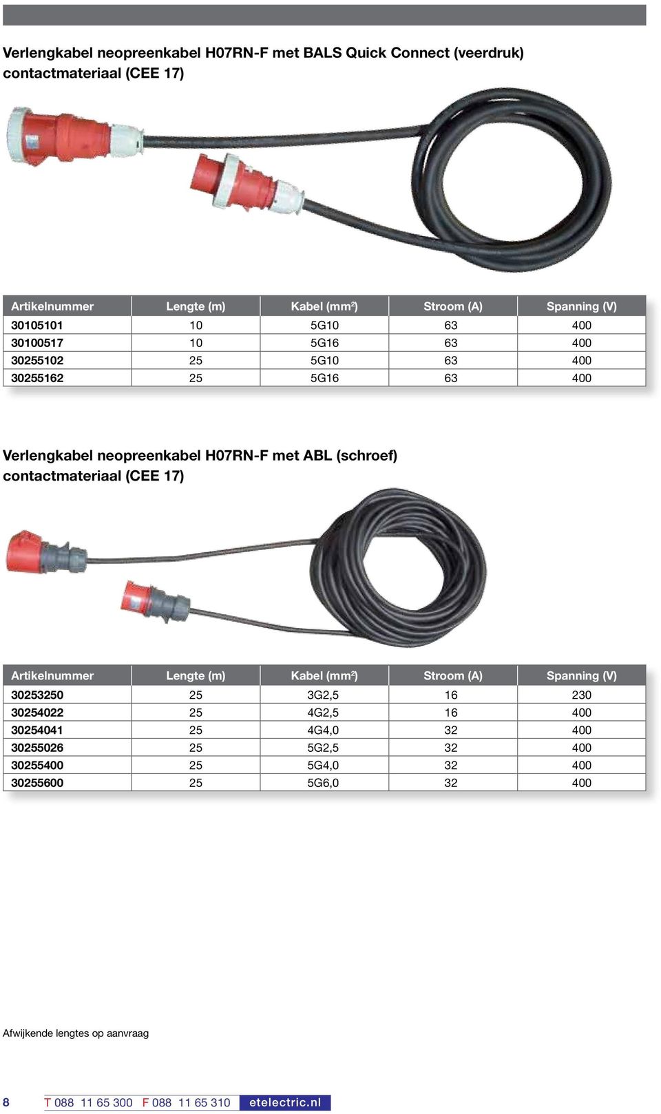 contactmateriaal (CEE 17) Artikelnummer Lengte (m) Kabel (mm 2 ) Stroom (A) Spanning (V) 30253250 25 3G2,5 16 230 30254022 25 4G2,5 16 400 30254041 25