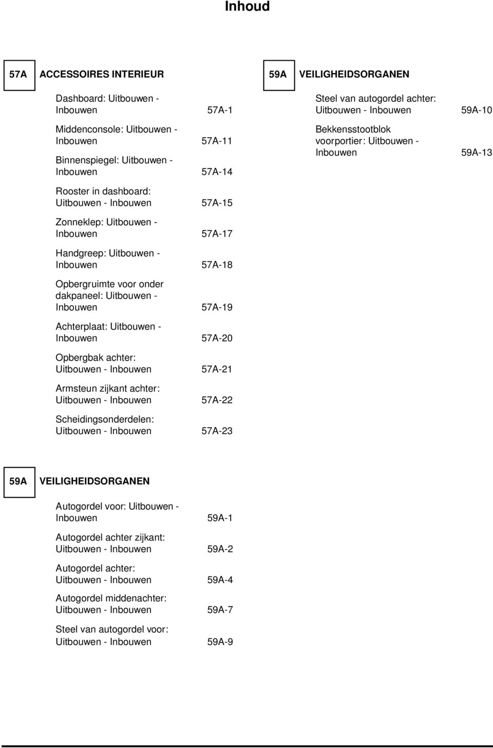 Handgreep: Uitbouwen - Inbouwen 57A-18 Opbergruimte voor onder dakpaneel: Uitbouwen - Inbouwen 57A-19 Achterplaat: Uitbouwen - Inbouwen 57A-20 Opbergbak achter: Uitbouwen - Inbouwen 57A-21 Armsteun