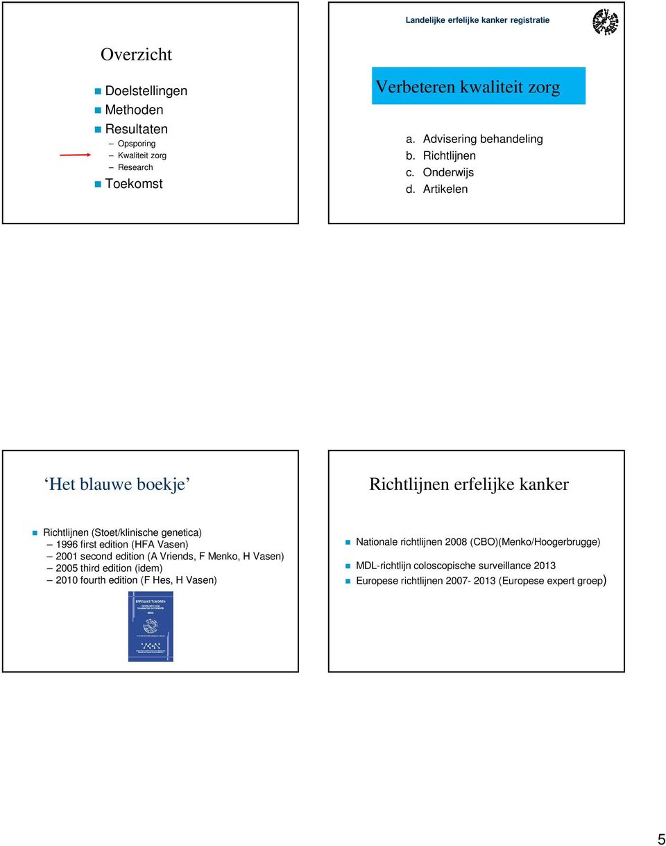 Artikelen Het blauwe boekje Richtlijnen erfelijke kanker Richtlijnen (Stoet/klinische genetica) 1996 first edition (HFA Vasen) 2001 second edition (A