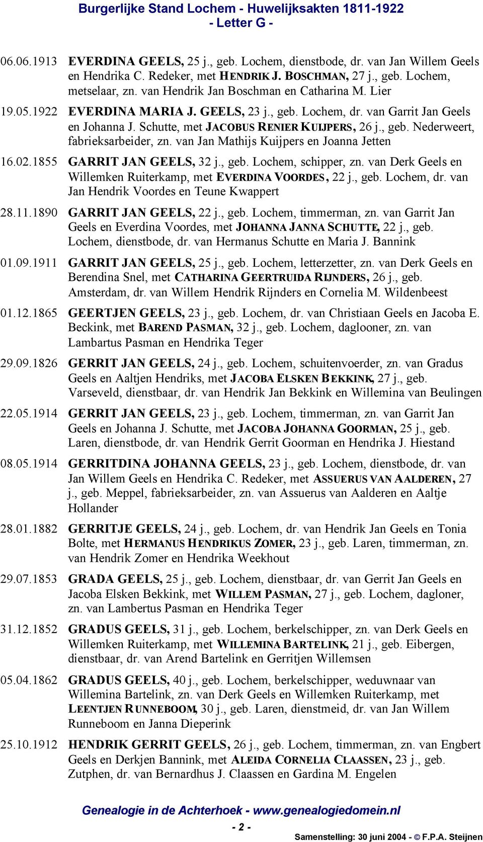 van Jan Mathijs Kuijpers en Joanna Jetten 16.02.1855 GARRIT JAN GEELS, 32 j., geb. Lochem, schipper, zn. van Derk Geels en Willemken Ruiterkamp, met EVERDINA VOORDES, 22 j., geb. Lochem, dr.