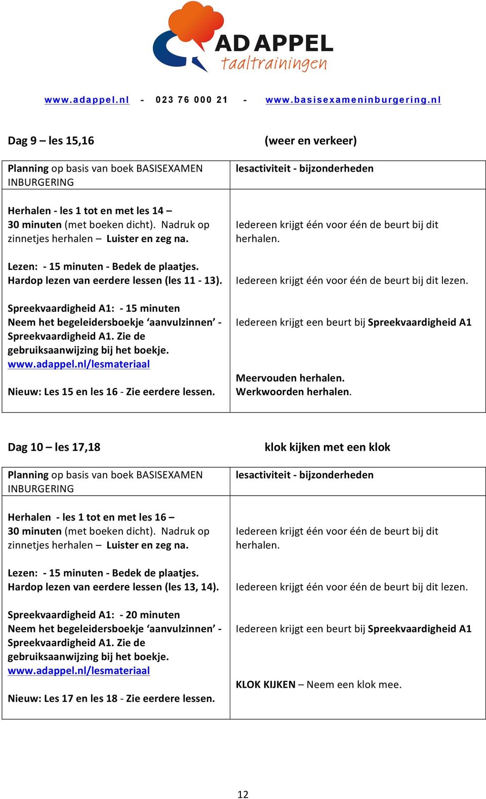 (weer en verkeer) lezen. Iedereen krijgt een beurt bij Spreekvaardigheid A1 Meervouden Werkwoorden Dag 10 les 17,18 Herhalen - les 1 tot en met les 16 Lezen: - 15 minuten - Bedek de plaatjes.