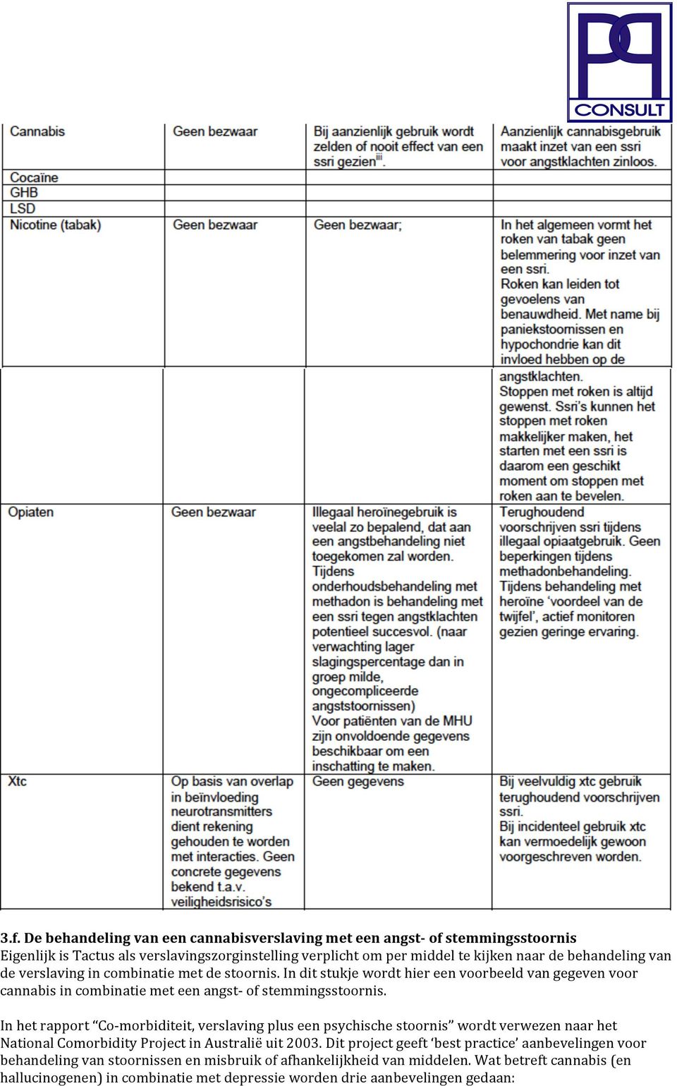 In het rapport Co- morbiditeit, verslaving plus een psychische stoornis wordt verwezen naar het National Comorbidity Project in Australië uit 2003.