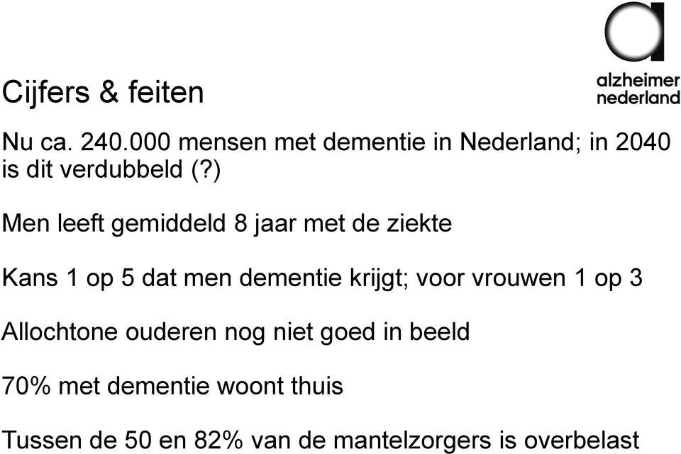 ) Men leeft gemiddeld 8 jaar met de ziekte Kans 1 op 5 dat men dementie krijgt;