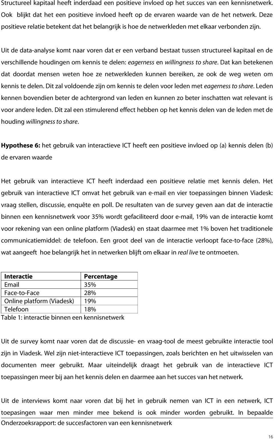 Uit de data-analyse komt naar voren dat er een verband bestaat tussen structureel kapitaal en de verschillende houdingen om kennis te delen: eagerness en willingness to share.