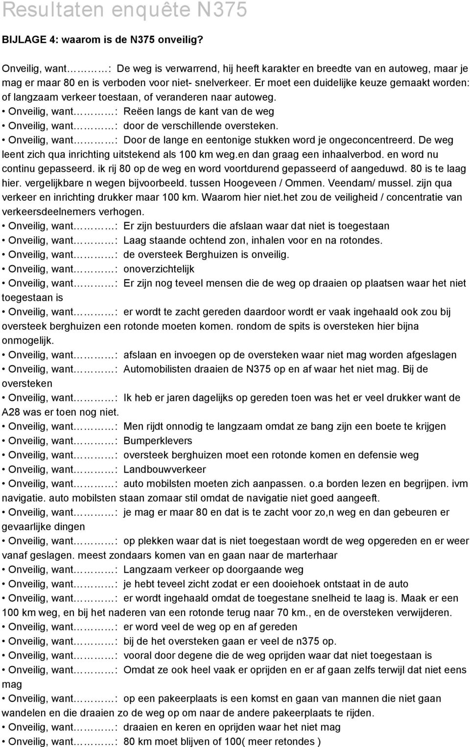 Onveilig, want : Reëen langs de kant van de weg Onveilig, want : door de verschillende oversteken. Onveilig, want : Door de lange en eentonige stukken word je ongeconcentreerd.