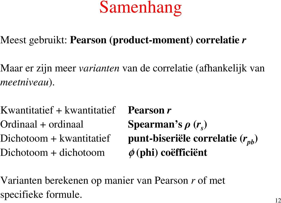 Kwantitatief + kwantitatief Pearson r Ordinaal + ordinaal Spearman s ρ (r s ) Dichotoom +