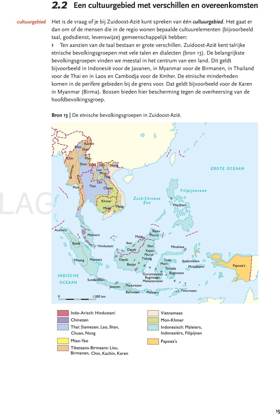 verschillen. Zuidoost-Azië kent talrijke etnische bevolkingsgroepen met vele talen en dialecten (bron 13). De belangrijkste bevolkingsgroepen vinden we meestal in het centrum van een land.
