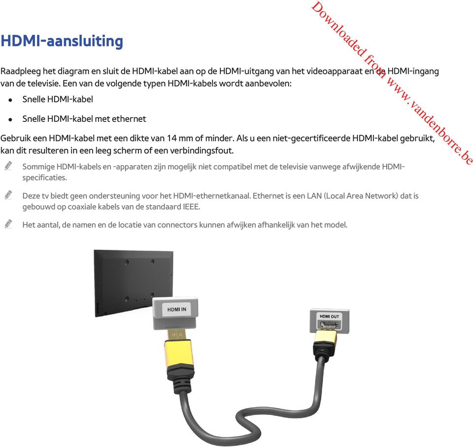 Als u een niet-gecertificeerde HDMI-kabel gebruikt, kan dit resulteren in een leeg scherm of een verbindingsfout.