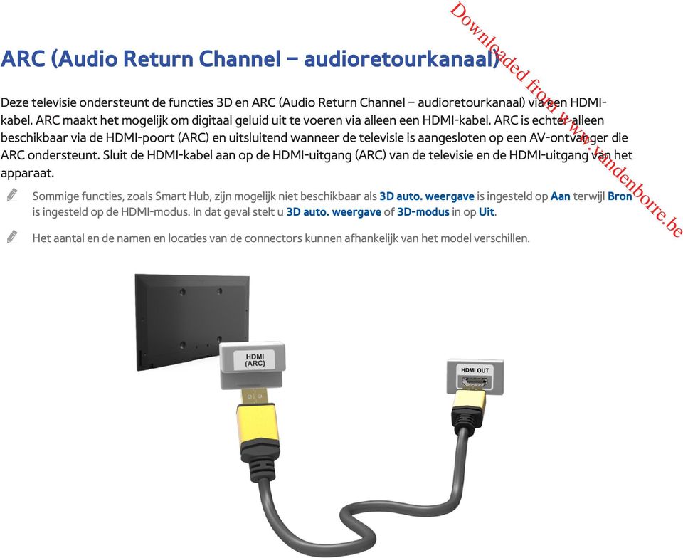 ARC is echter alleen beschikbaar via de HDMI-poort (ARC) en uitsluitend wanneer de televisie is aangesloten op een AV-ontvanger die ARC ondersteunt.