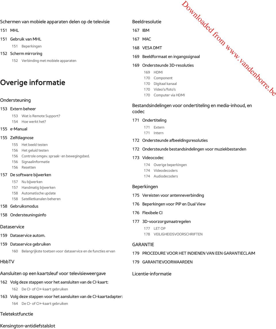 156 Signaalinformatie 156 Resetten 157 De software bijwerken 157 Nu bijwerken 157 Handmatig bijwerken 158 Automatische update 158 Satellietkanalen beheren 158 Gebruiksmodus 158 Ondersteuningsinfo