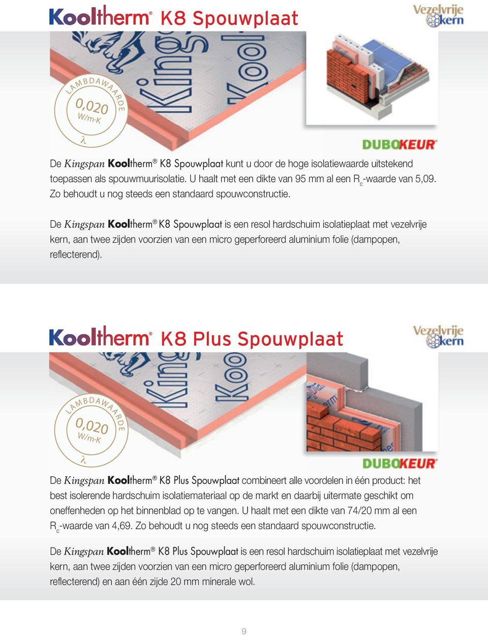 De Kingspan Kooltherm K8 Spouwplaat is een resol hardschuim isolatieplaat met vezelvrije kern, aan twee zijden voorzien van een micro geperforeerd aluminium folie (dampopen, reflecterend).