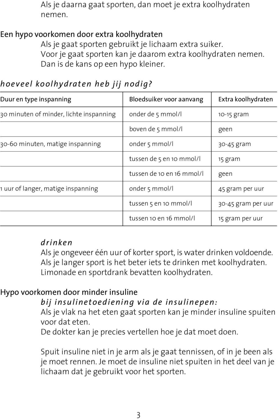 Duur en type inspanning Bloedsuiker voor aanvang Extra koolhydraten 30 minuten of minder, lichte inspanning onder de 5 mmol/l 10-15 gram boven de 5 mmol/l geen 30-60 minuten, matige inspanning onder