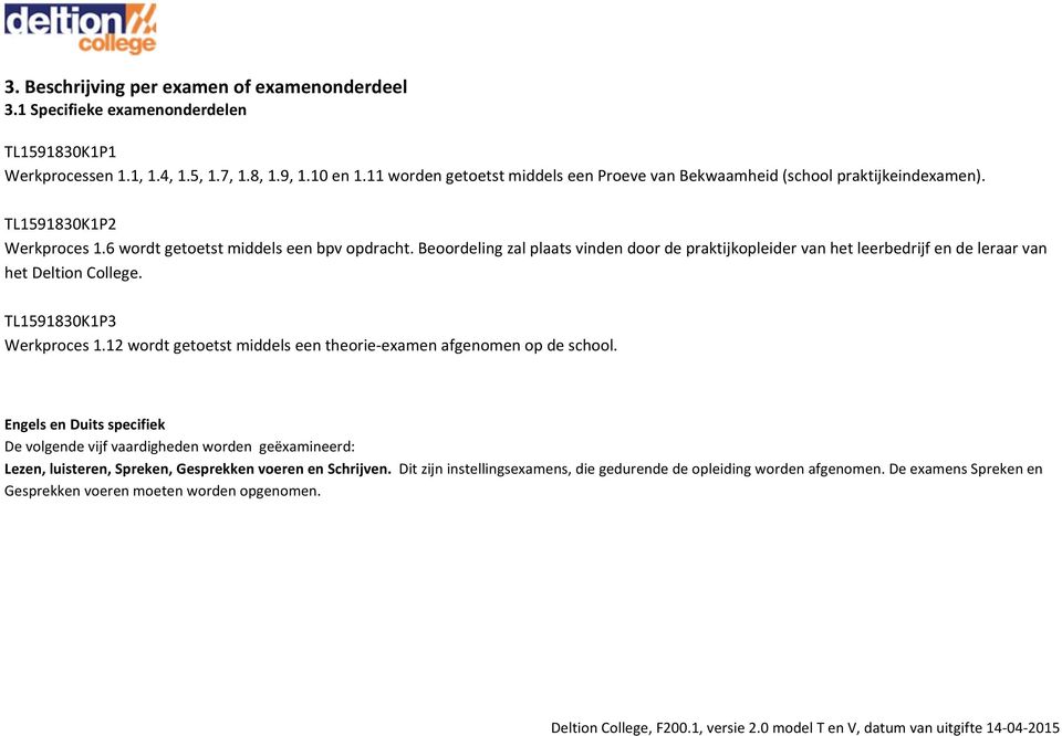 Beoordeling zal plaats vinden door de praktijkopleider van het leerbedrijf en de leraar van het. TL1591830K1P3 Werkproces wordt getoetst middels een theorie examen afgenomen op de school.