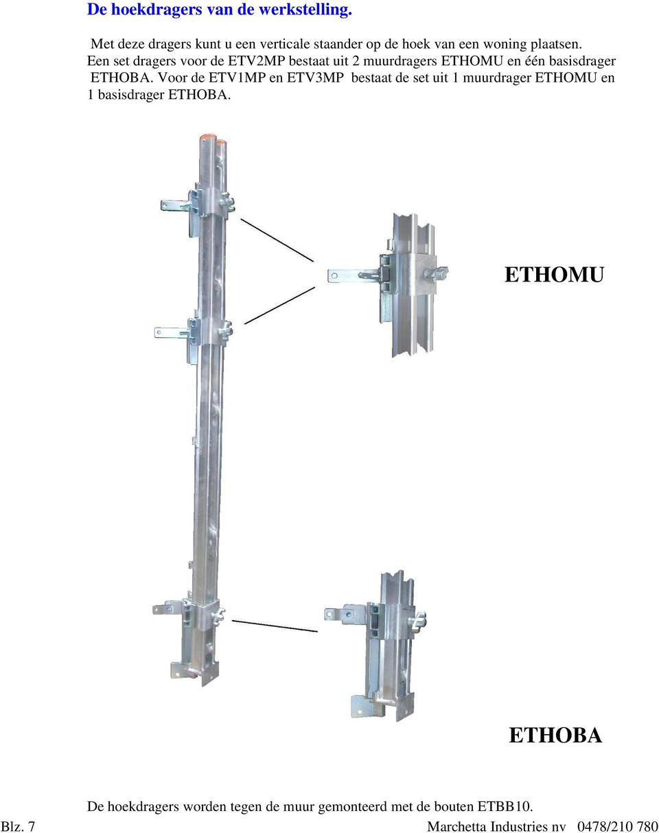 Een set dragers voor de ETV2MP bestaat uit 2 muurdragers ETHOMU en één basisdrager ETHOBA.