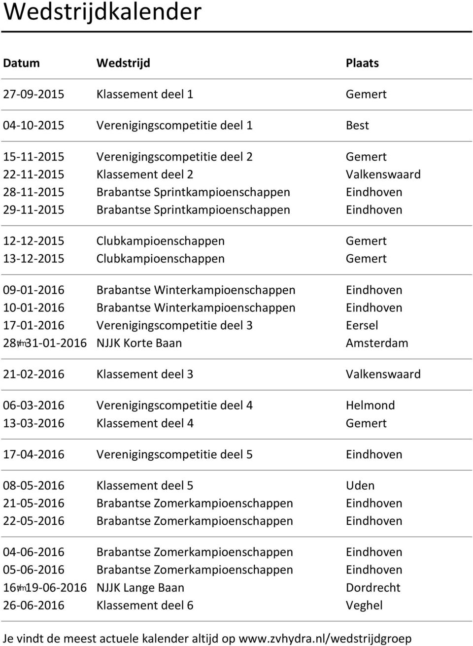 09-01-2016 Brabantse Winterkampioenschappen Eindhoven 10-01-2016 Brabantse Winterkampioenschappen Eindhoven 17-01-2016 Verenigingscompetitie deel 3 Eersel 28 t/m 31-01-2016 NJJK Korte Baan Amsterdam