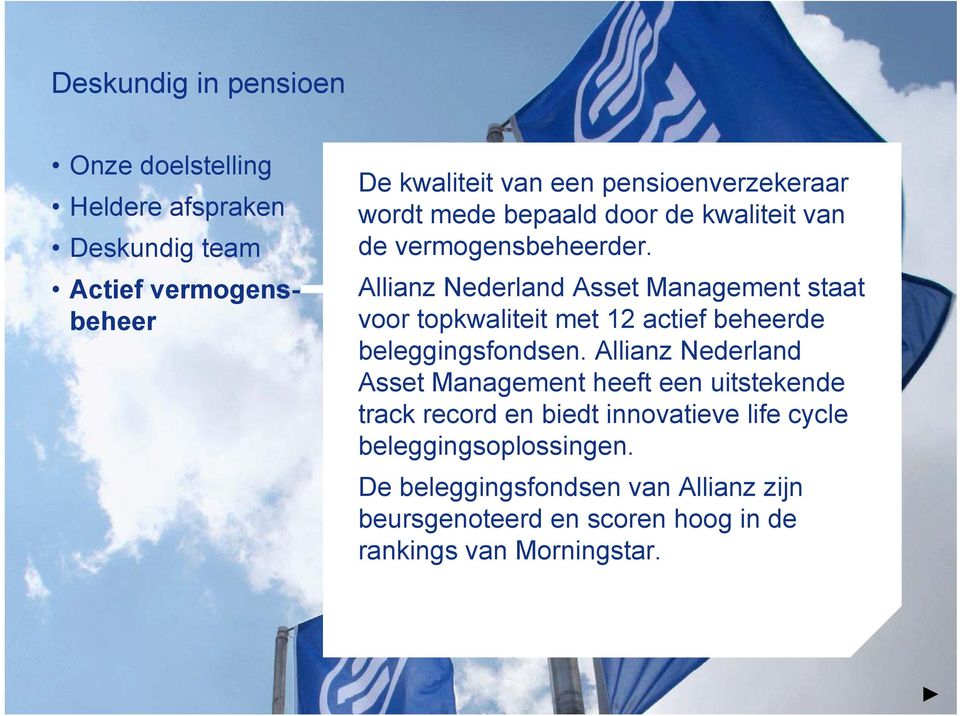 Allianz Nederland Asset Management staat voor topkwaliteit met 12 actief beheerde beleggingsfondsen.