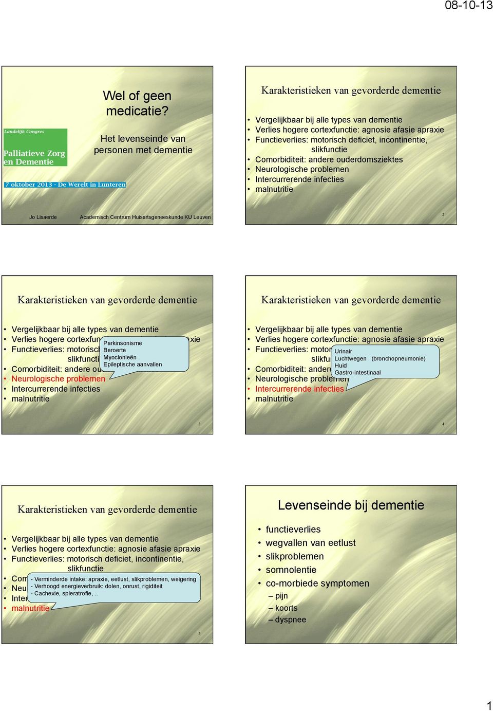 Parkinsonisme Functieverlies: motorisch Beroerte deficiet, incontinentie, Myoclonieën Epileptische aanvallen Comorbiditeit: andere ouderdomsziektes Functieverlies: motorisch Urinair deficiet,