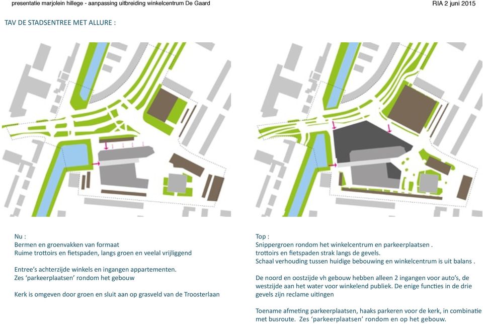 tro`oirs en fietspaden strak langs de gevels. Schaal verhouding tussen huidige bebouwing en winkelcentrum is uit balans.