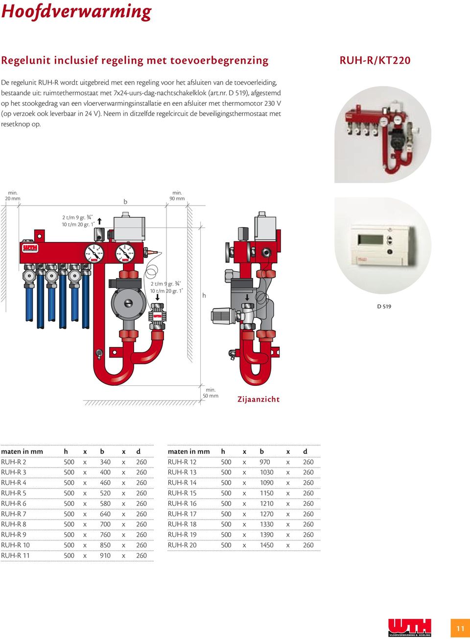 D 519), afgestemd op et stookgedrag van een vloerverwarmingsinstallatie en een afsluiter met termomotor 230 V (op verzoek ook leveraar in 24 V).