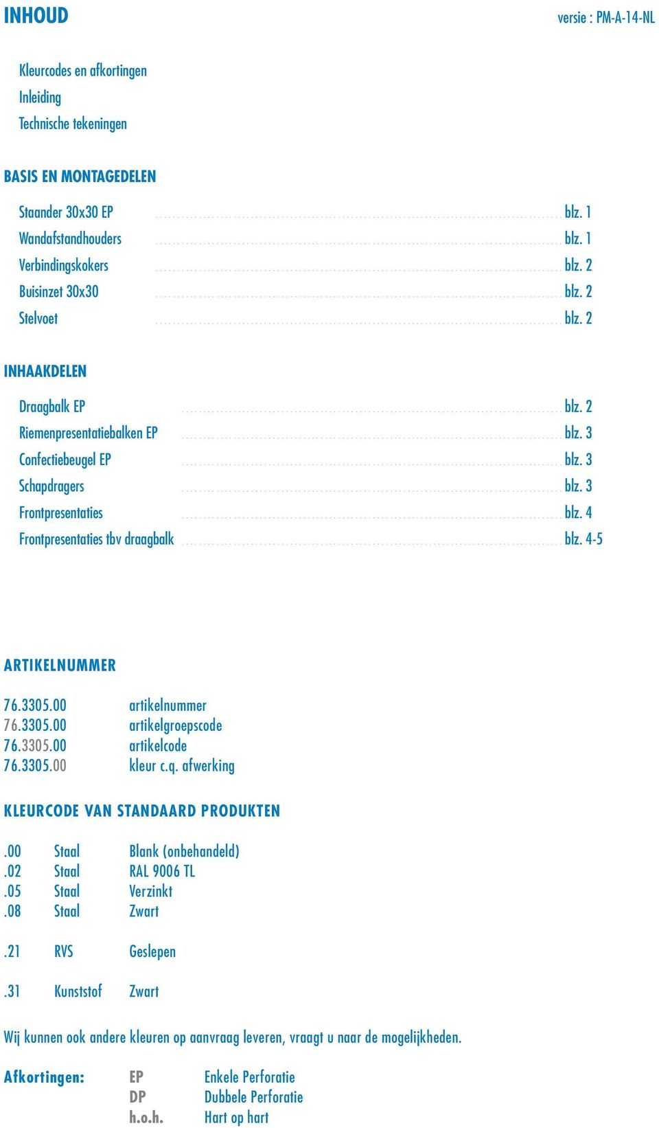 ARTIKELNUMMER 76330500 artikelnummer 76330500 artikelgroepscode 76330500 artikelcode 76330500 kleur cq afwerking KLEURCODE VAN STANDAARD PRODUKTEN 00 Staal Blank (onbehandeld) 02 Staal RAL 9006 TL 05