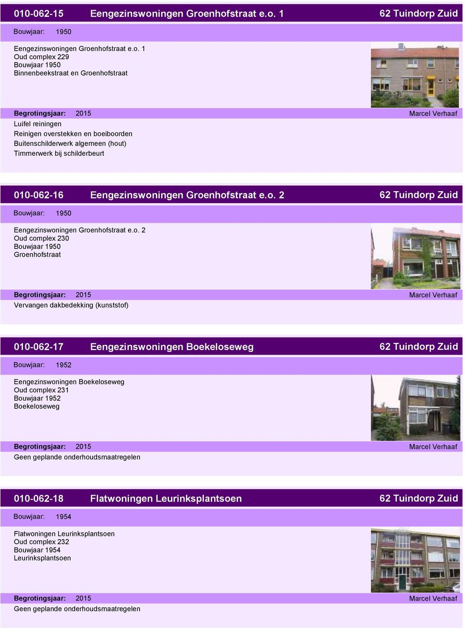 ingen Groenhofstraat e.o. 1 Eengezinswoningen Groenhofstraat e.o. 1 Oud complex 229 Bouwjaar 1950 Binnenbeekstraat en Groenhofstraat Luifel reiningen Reinigen overstekken en boeiboorden 010-062-16 Bouingen Groenhofstraat e.