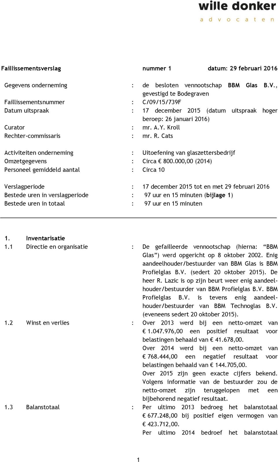 chter-commissaris : mr. R. Cats Activiteiten onderneming : Uitoefening van glaszettersbedrijf Omzetgegevens : Circa 800.