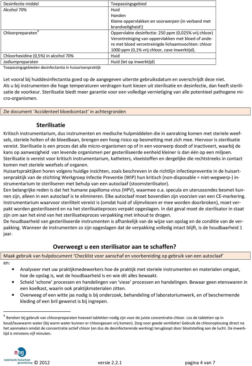 ) Oppervlakte desinfectie: 250 ppm (0,025% vrij chloor) Verontreiniging van oppervlakken met bloed of andere met bloed verontreinigde lichaamsvochten: chloor 1000 ppm (0,1% vrij chloor, cave