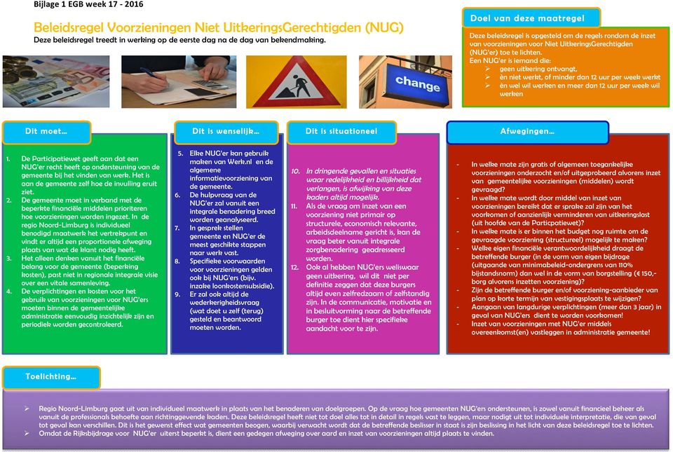 Een NUG er is iemand die: Ø geen uitkering ontvangt, Ø èn niet werkt, of minder dan 12 uur per week werkt Ø èn wel wil werken en meer dan 12 uur per week wil werken Deze beleidsregel treedt in