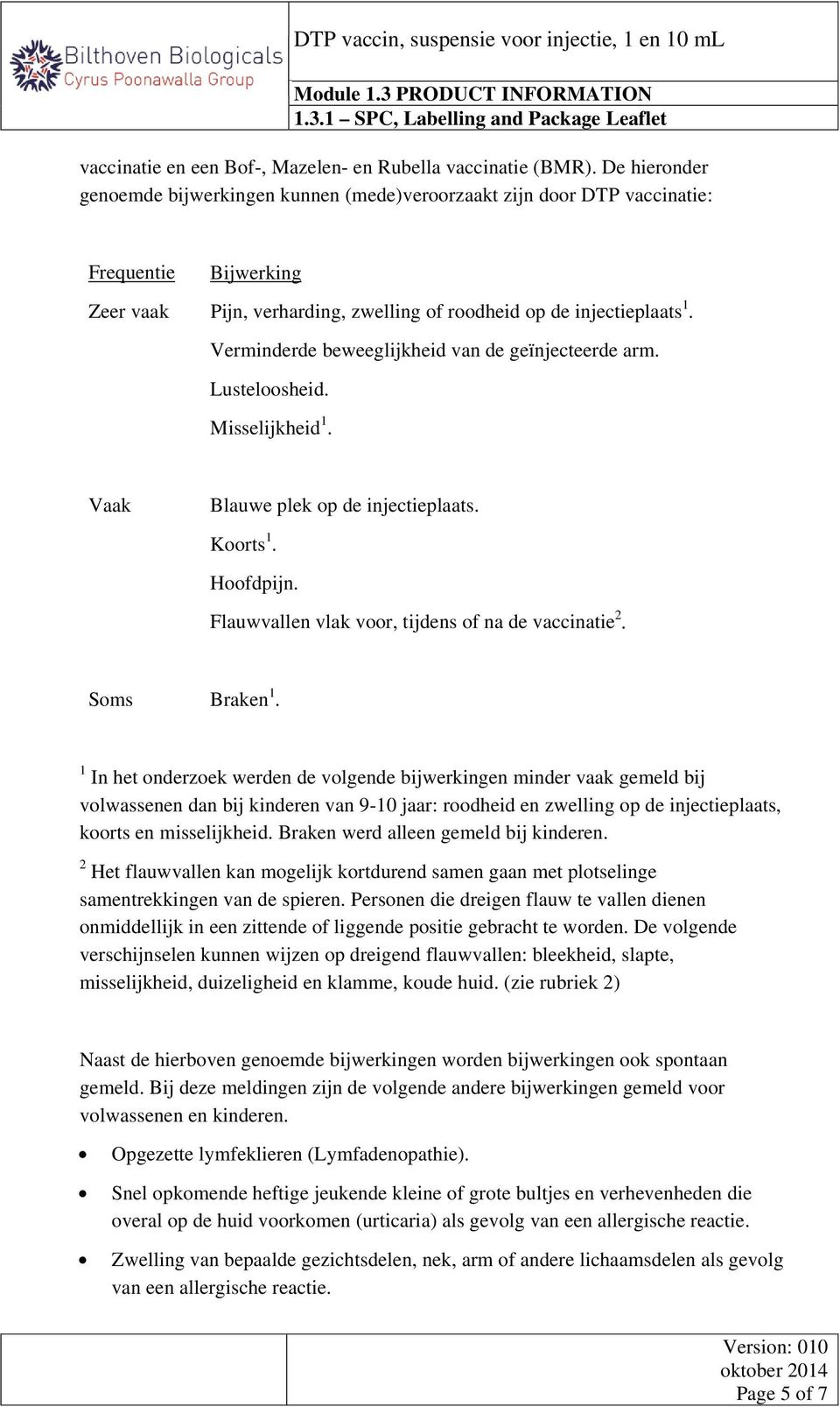 Verminderde beweeglijkheid van de geïnjecteerde arm. Lusteloosheid. Misselijkheid 1. Vaak Blauwe plek op de injectieplaats. Koorts 1. Hoofdpijn. Flauwvallen vlak voor, tijdens of na de vaccinatie 2.