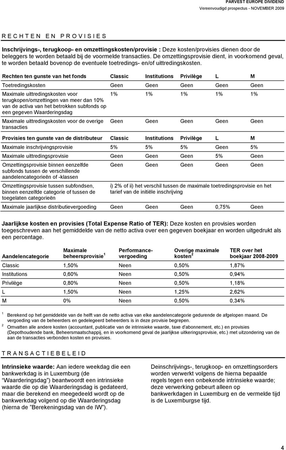 Rechten ten gunste van het fonds Classic Institutions Privilège L M Toetredingskosten Geen Geen Geen Geen Geen Maximale uittredingskosten voor terugkopen/omzettingen van meer dan 10% van de activa