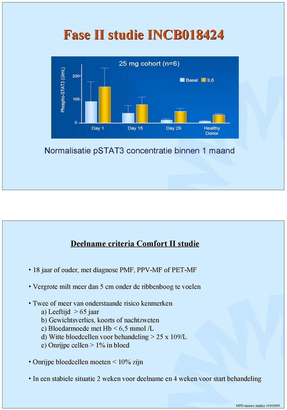 65 jaar b) Gewichtsverlies, koorts of nachtzweten c) Bloedarmoede met Hb < 6,5 mmol /L d) Witte bloedcellen voor behandeling > 25 x 109/L e)