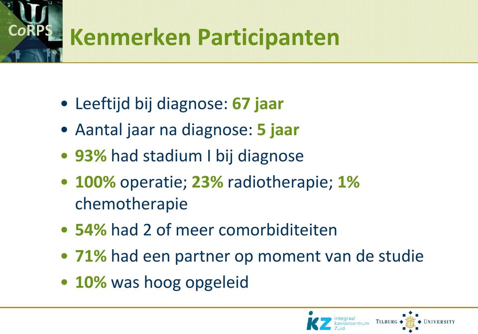 23% radiotherapie; 1% chemotherapie 54% had 2 of meer