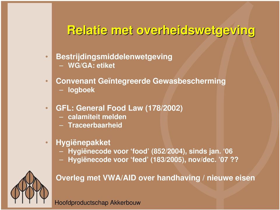 melden Traceerbaarheid Hygiënepakket Hygiënecode voor food (852/2004), sinds jan.