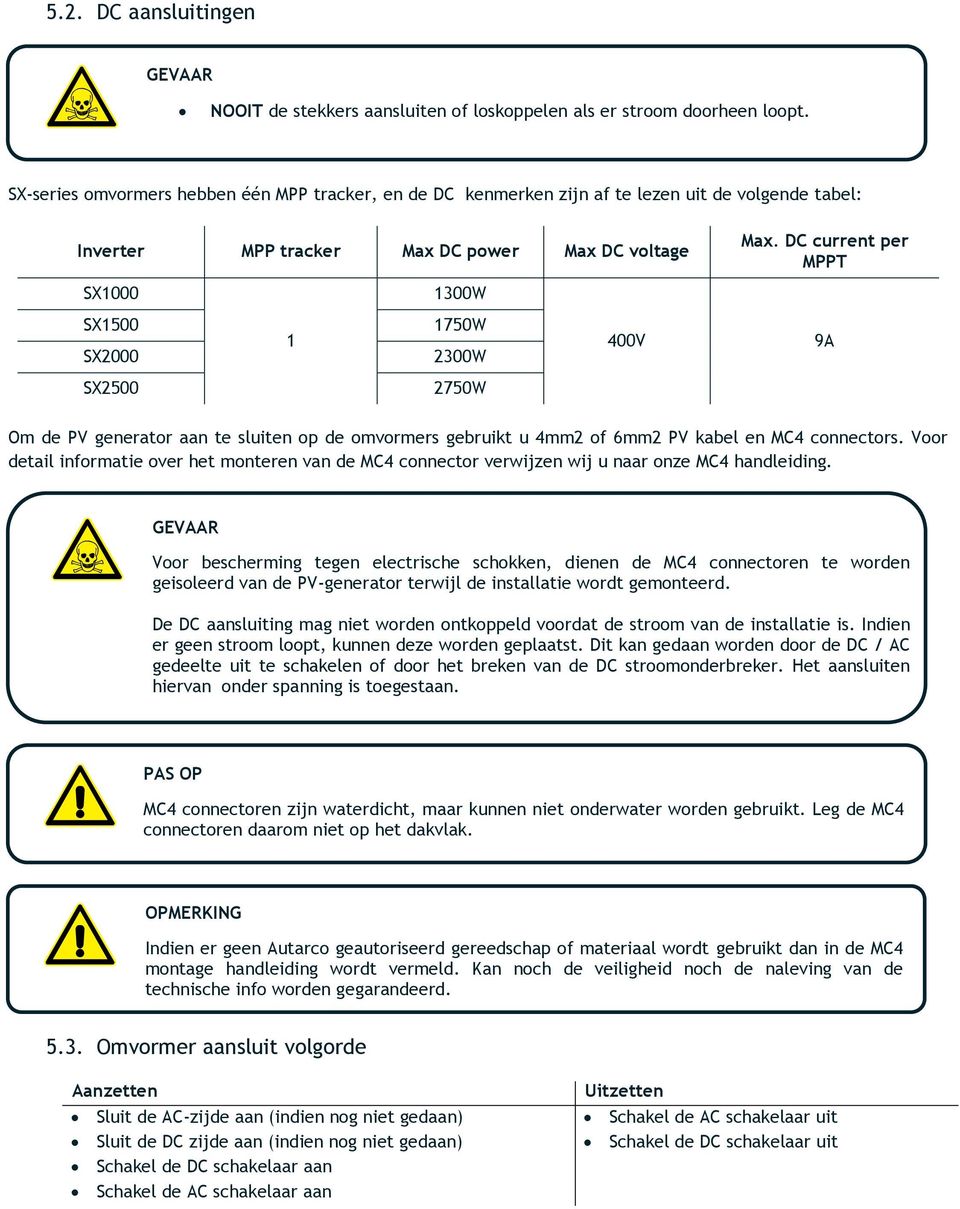 DC current per MPPT SX1000 1300W SX1500 SX2000 1 1750W 2300W 400V 9A SX2500 2750W Om de PV generator aan te sluiten op de omvormers gebruikt u 4mm2 of 6mm2 PV kabel en MC4 connectors.