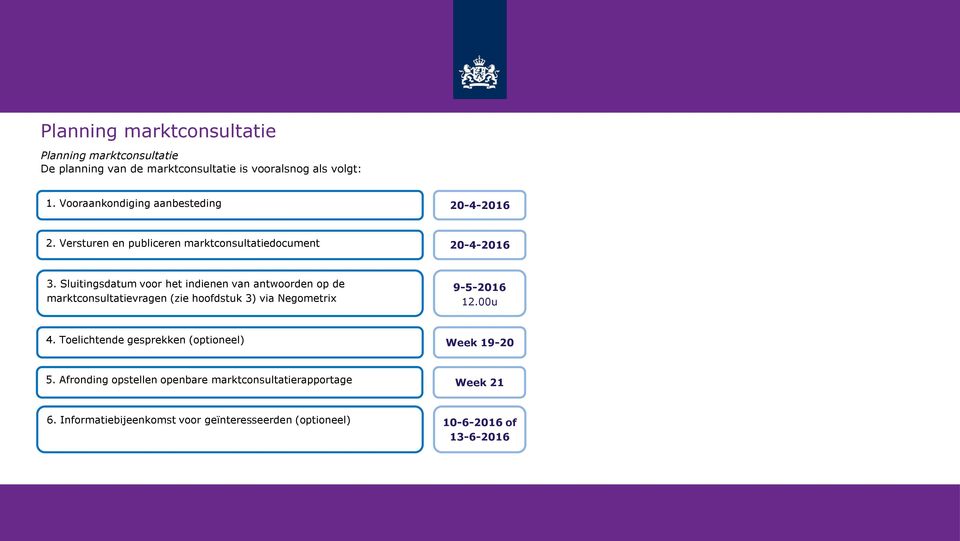 Sluitingsdatum voor het indienen van antwoorden op de marktconsultatievragen (zie hoofdstuk 3) via Negometrix 9-5-2016 12.00u 4.