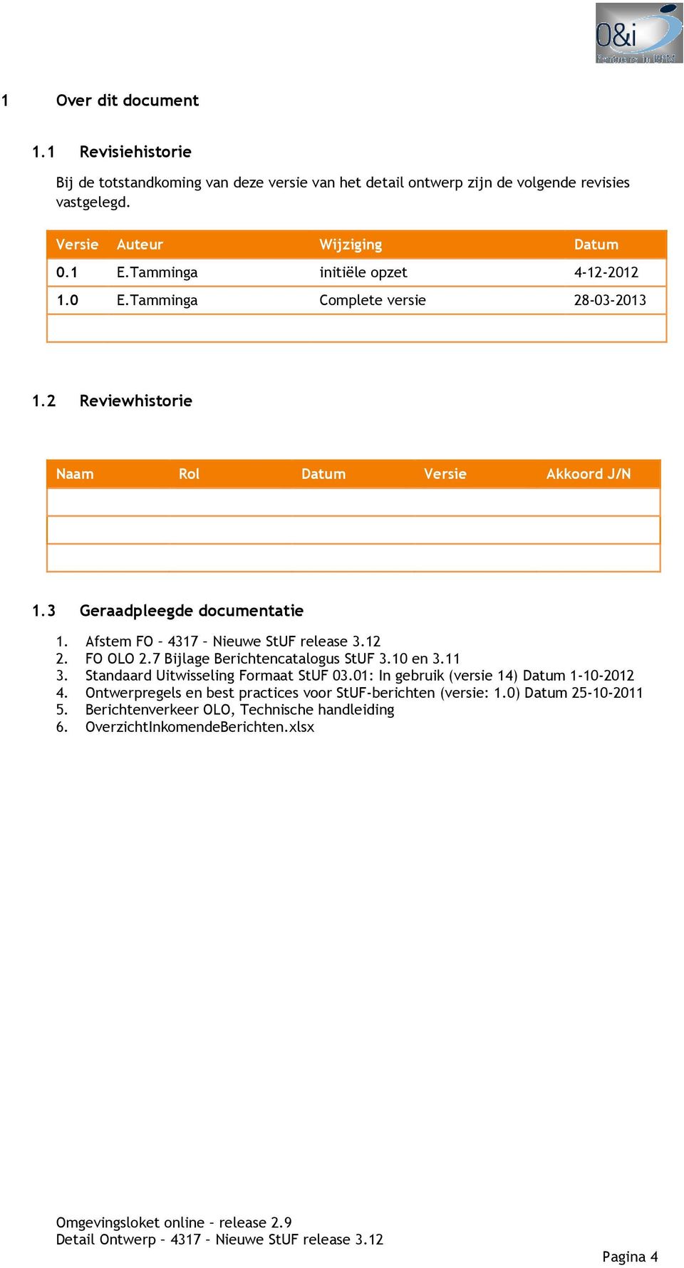 Afstem FO 4317 Nieuwe StUF release 3.12 2. FO OLO 2.7 Bijlage Berichtencatalogus StUF 3.10 en 3.11 3. Standaard Uitwisseling Formaat StUF 03.