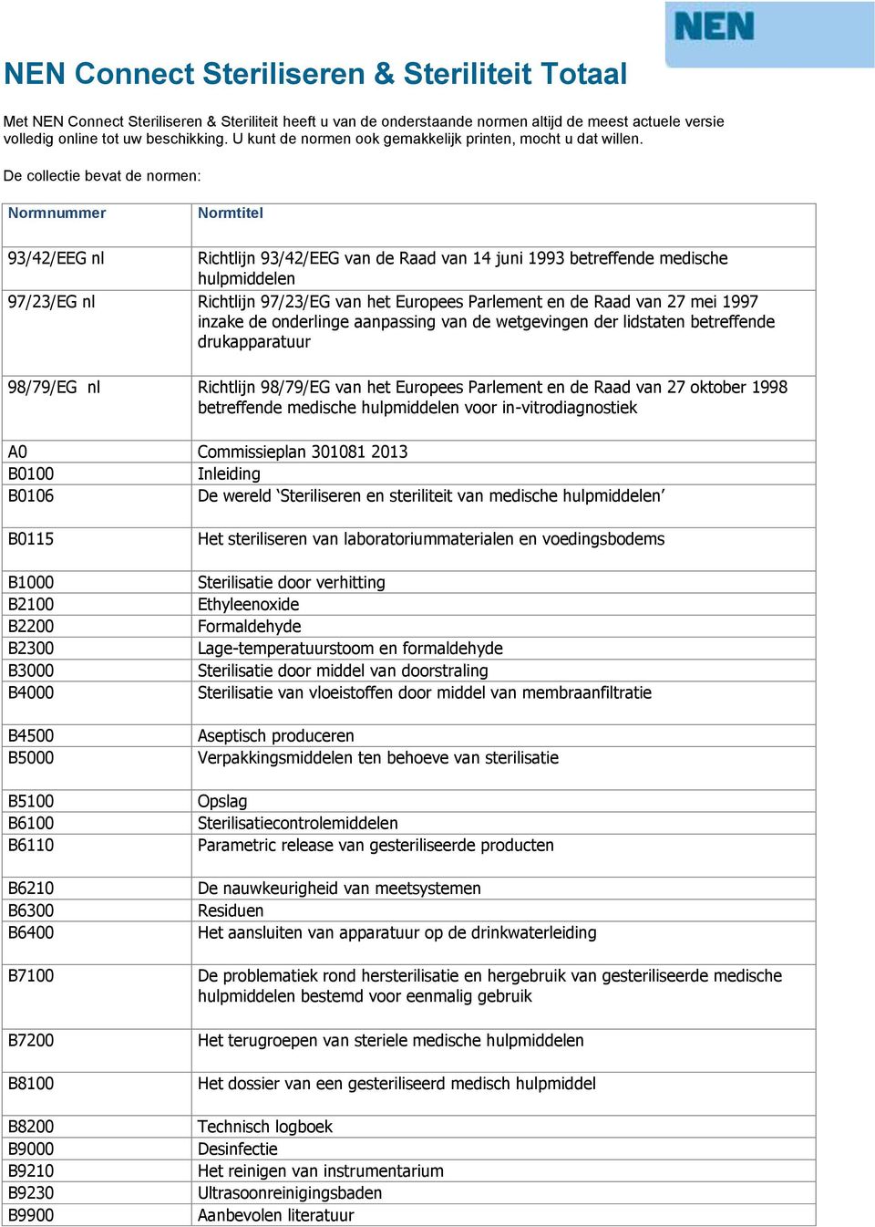 De collectie bevat de norm: Normnummer Normtitel 93/42/EEG nl Richtlijn 93/42/EEG van de Raad van 14 juni 1993 betreffde medische hulpmiddel 97/23/EG nl Richtlijn 97/23/EG van het Europees Parlemt de