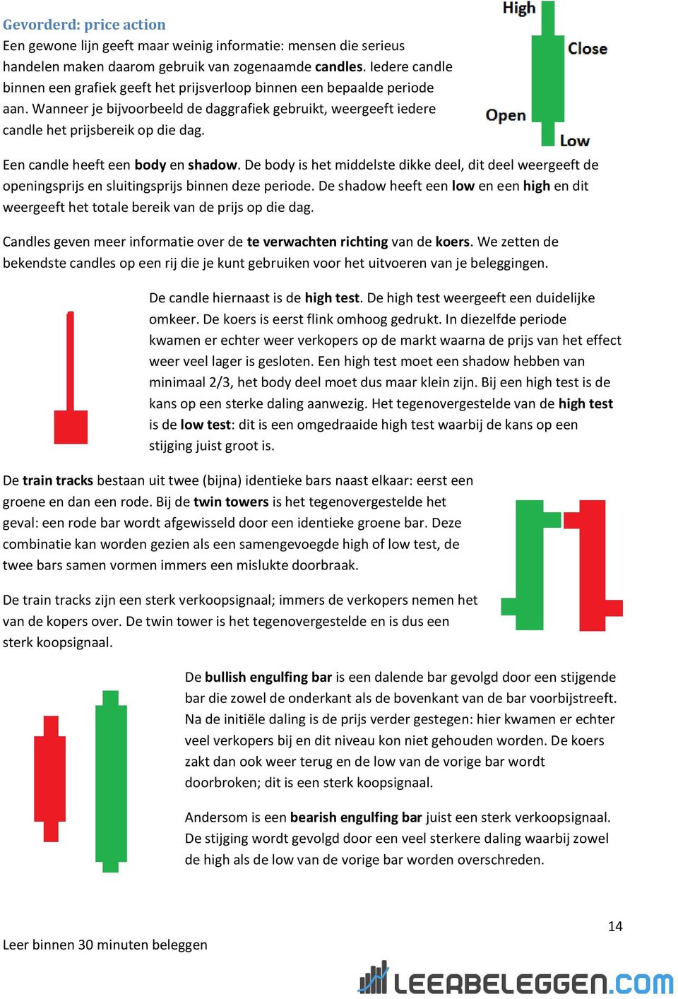 Een candle heeft een body en shadow. De body is het middelste dikke deel, dit deel weergeeft de openingsprijs en sluitingsprijs binnen deze periode.