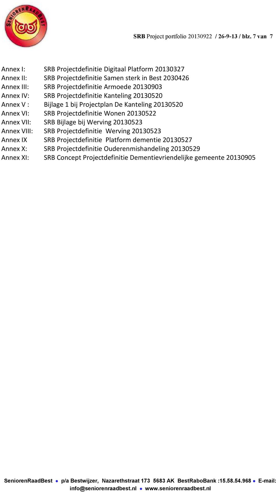 20130903 Annex IV: SRB Projectdefinitie Kanteling 20130520 Annex V : Bijlage 1 bij Projectplan De Kanteling 20130520 Annex VI: SRB Projectdefinitie Wonen 20130522