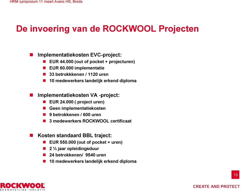 000 ( project uren) Geen implementatiekosten 9 betrokkenen / 600 uren 3 medewerkers ROCKWOOL certificaat Kosten standaard BBL