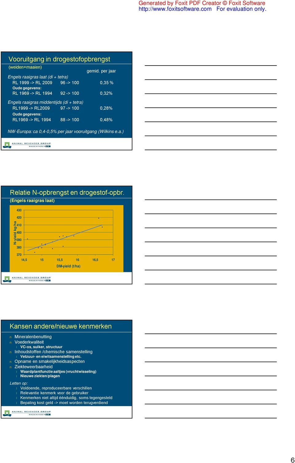 Oude gegevens: RL1969 -> RL 1994 88 -> 100 0,48% NW-Europa: ca 0,4-0,5% per jaar vooruitgang (Wilkins e.a.) Relatie N-opbrengst en drogestof-opbr.