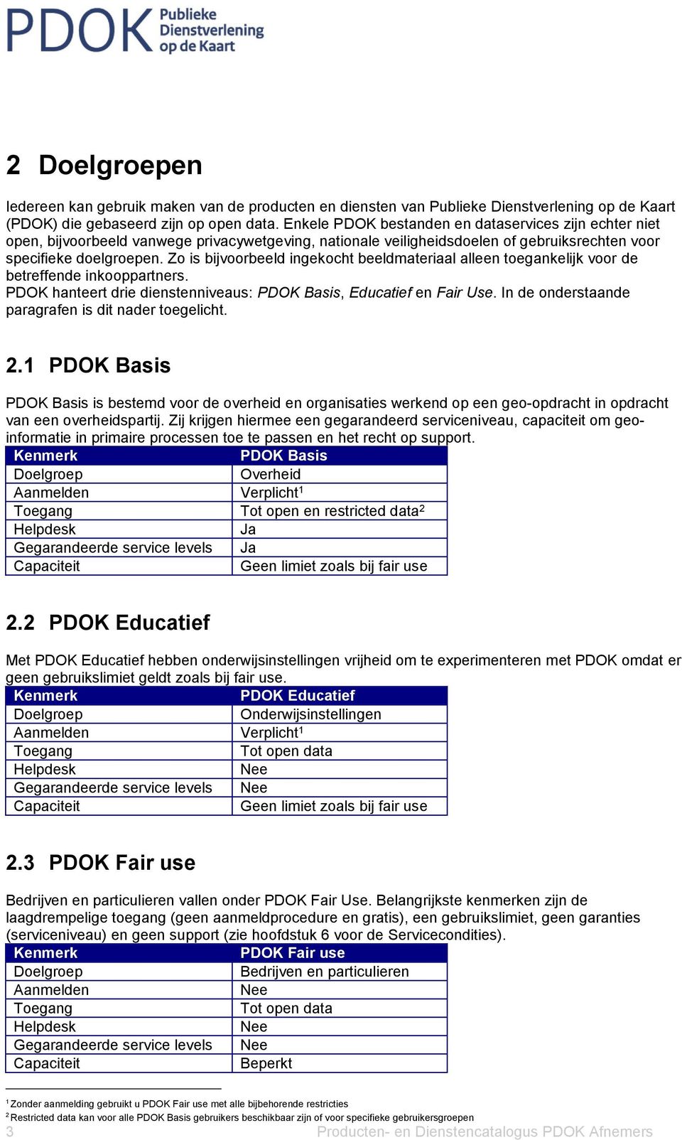 Zo is bijvoorbeeld ingekocht beeldmateriaal alleen toegankelijk voor de betreffende inkooppartners. PDOK hanteert drie dienstenniveaus: PDOK Basis, Educatief en Fair Use.