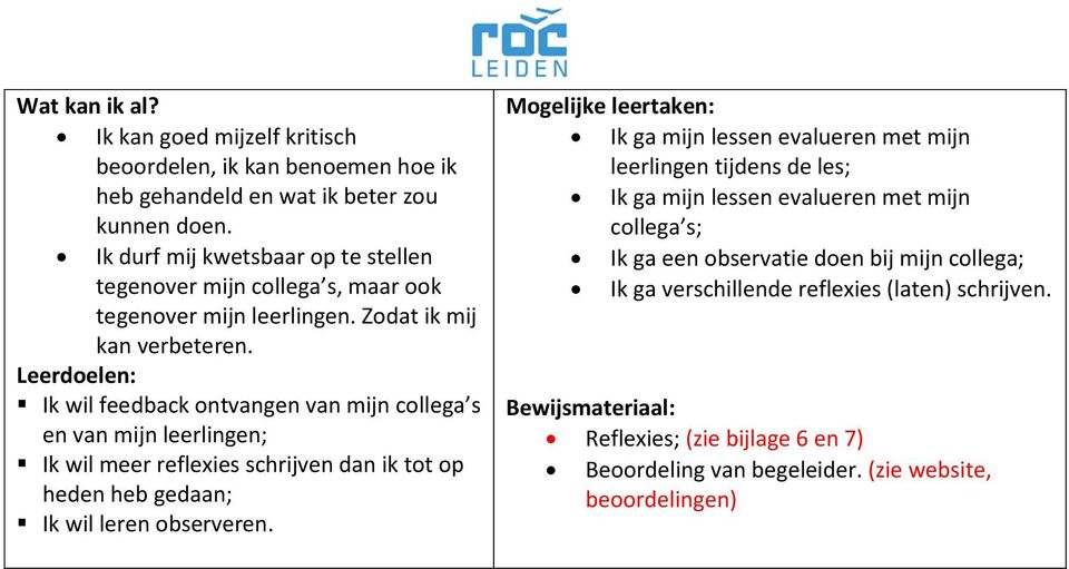 Leerdoelen: Ik wil feedback ontvangen van mijn collega s en van mijn leerlingen; Ik wil meer reflexies schrijven dan ik tot op heden heb gedaan; Ik wil leren observeren.